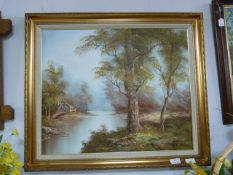 Gilt Framed Oil on Canvas - Waterside Woodland Sce