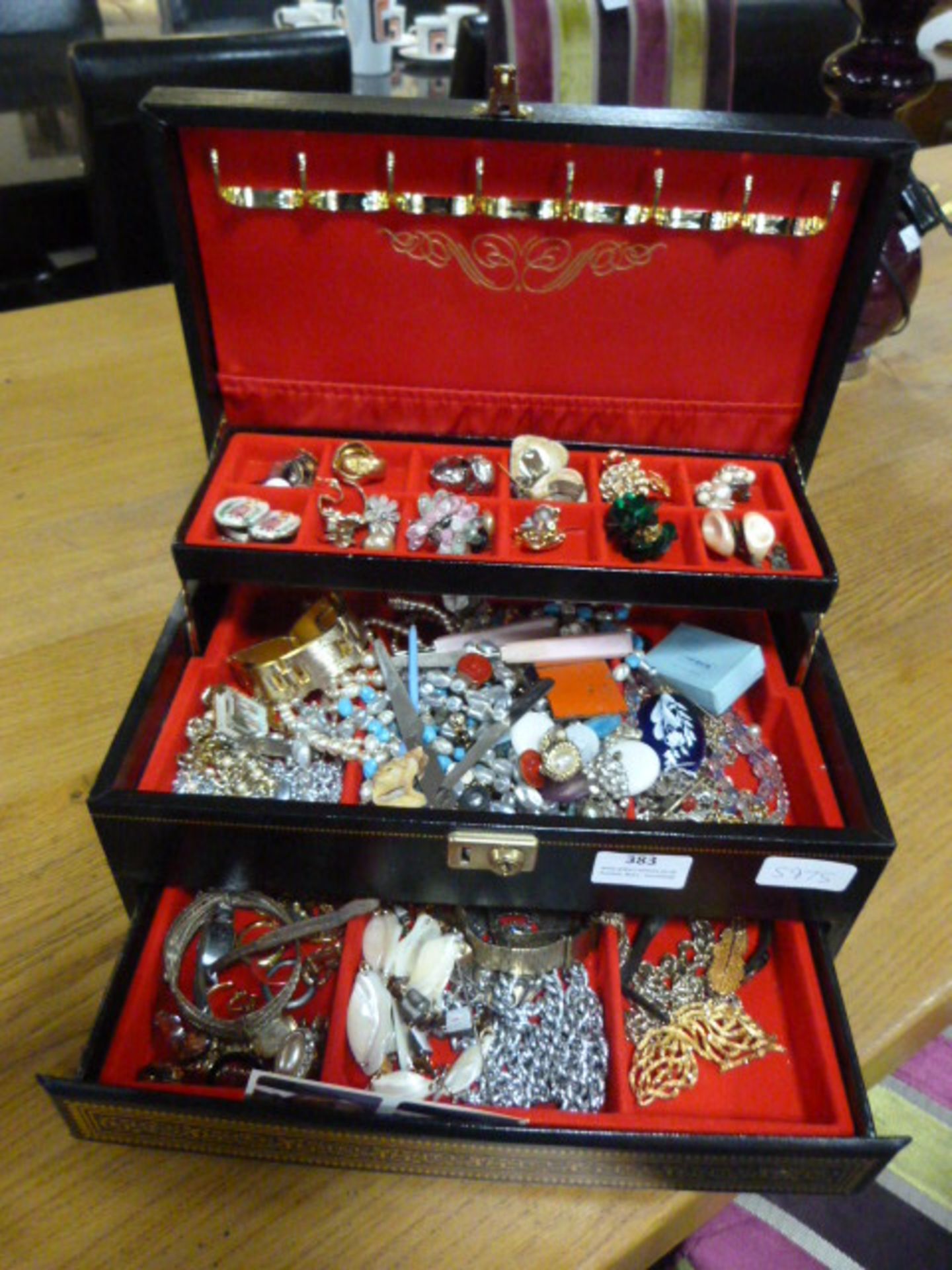 Black Jewellery Box Containing Costume Jewellery