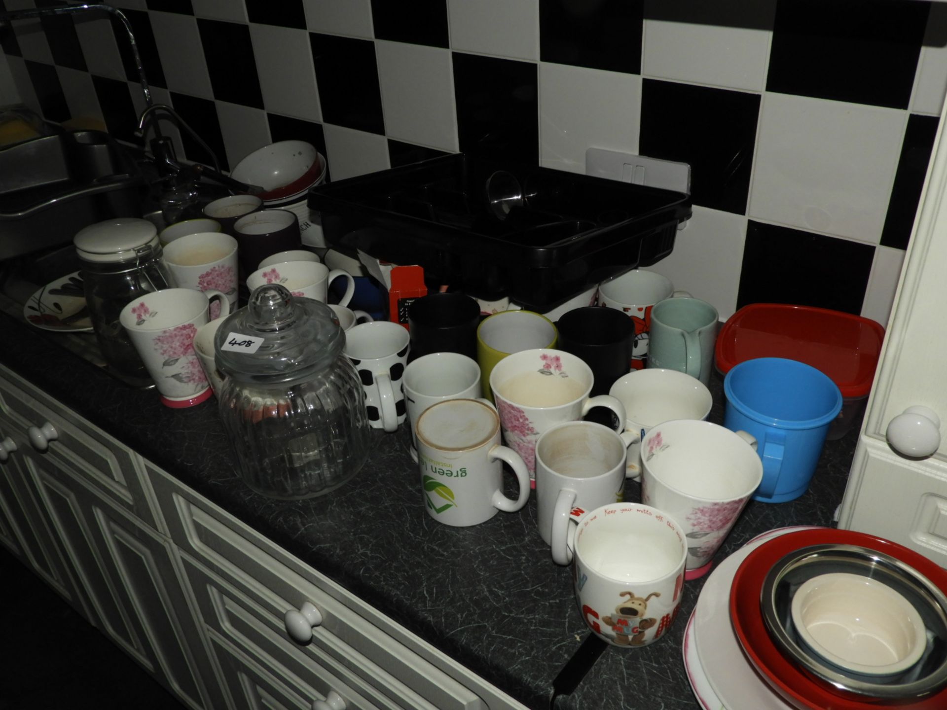 Assorted Cups, Storage Jars, etc.