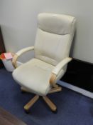High Back Executive Swivel Chairs (Cream Faux Leather with Wood Arms and Base)