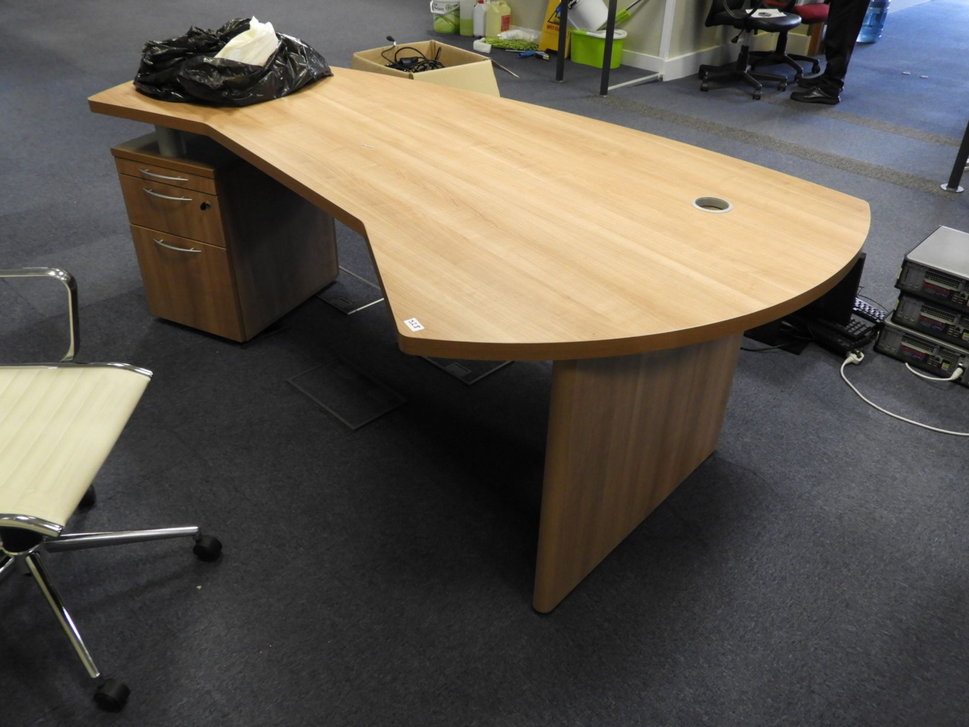 Shaped Office Table with Drawer Pedestal in Light Wood Finish