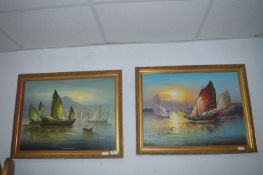 Pair of Gilt Framed Oil on Canvas - Chinese Junks