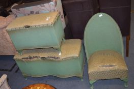 Two Green Lloyd Loom Style Ottomans and a Matching