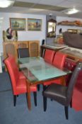 Glass Topped Dining Table with Six Leather Chairs