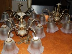 *Five Five Branch Brass Chandeliers with Etched Gl