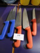 *3 Red & 2 Blue Handled Chef Knives