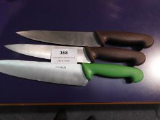 *2 Brown Handled & 1 Green Handled Chef Knives