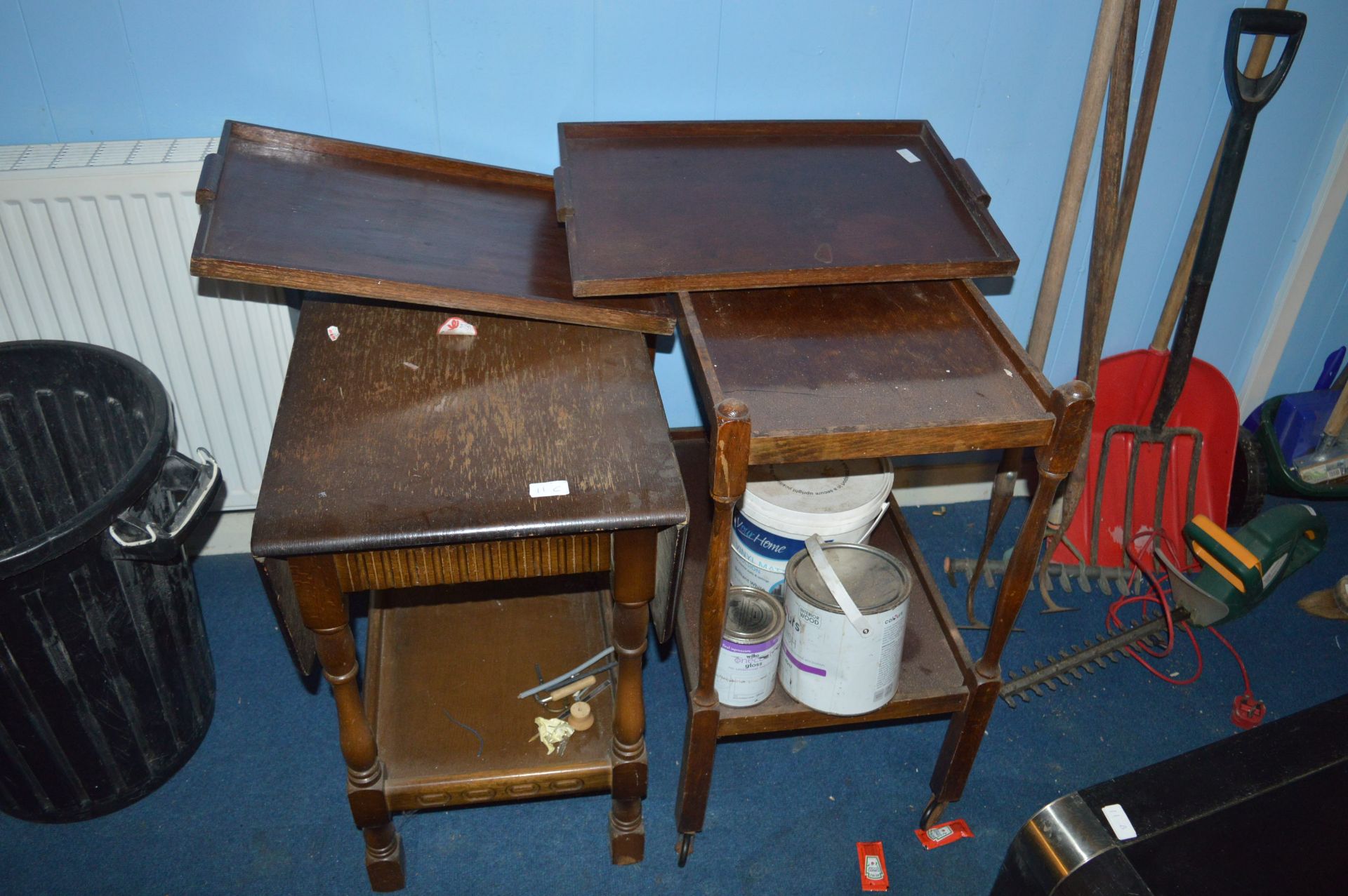 Tea Trolley, Side Table and Two Wooden Trays