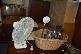 Electric Fan and a Basket of Assorted Lamps, etc.