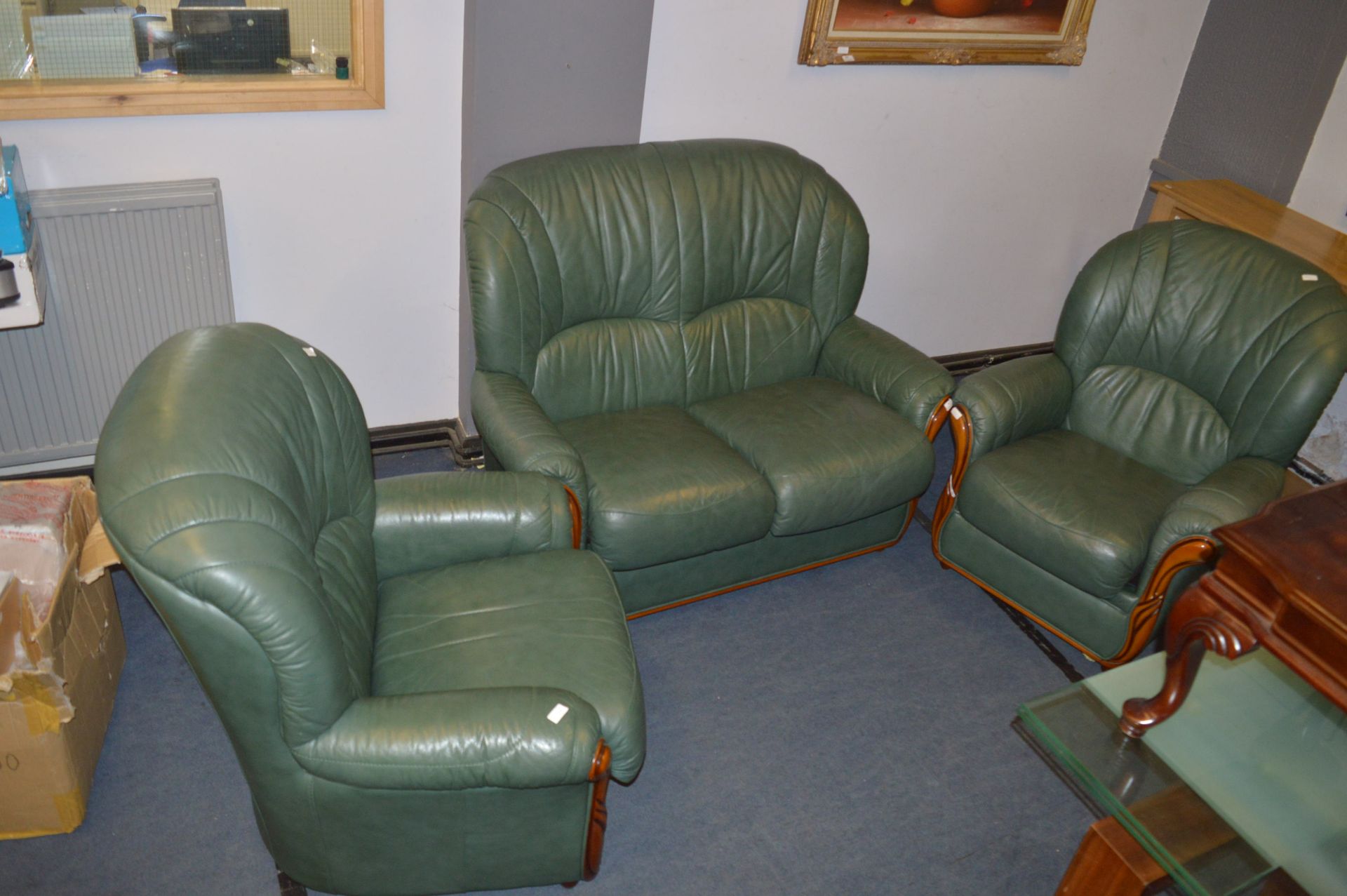 Green Leather Three Piece Suite