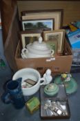 Box Containing Ceramic Items and Framed Pictures
