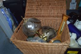 Wicker Basket Containing 2 Brass Lamps & Barometer
