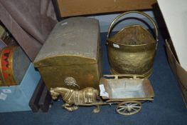 3 Brass Ware Items, Horse & Cart Etc