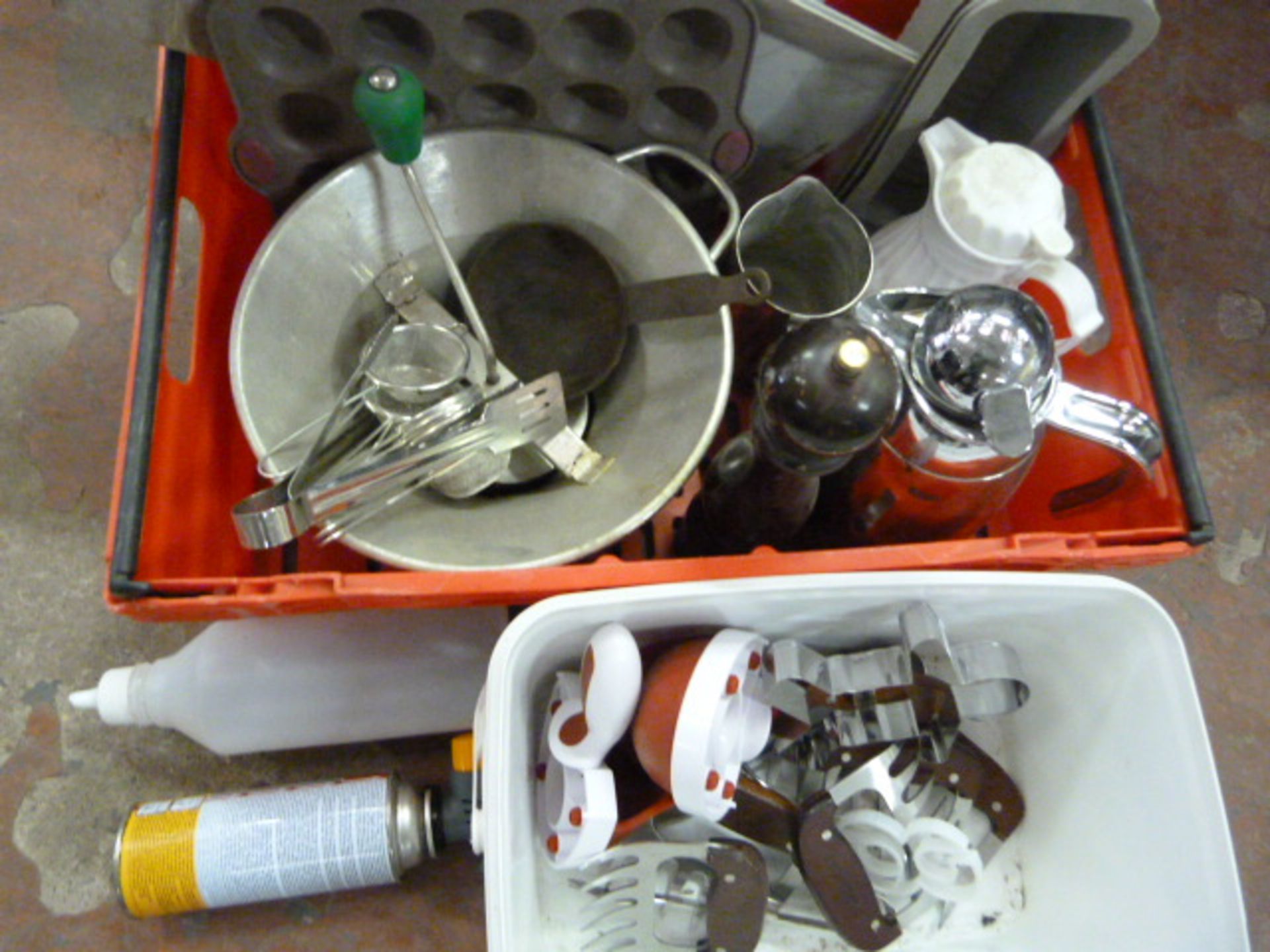 *Box of Assorted Trays, Jugs, Utensils, etc.