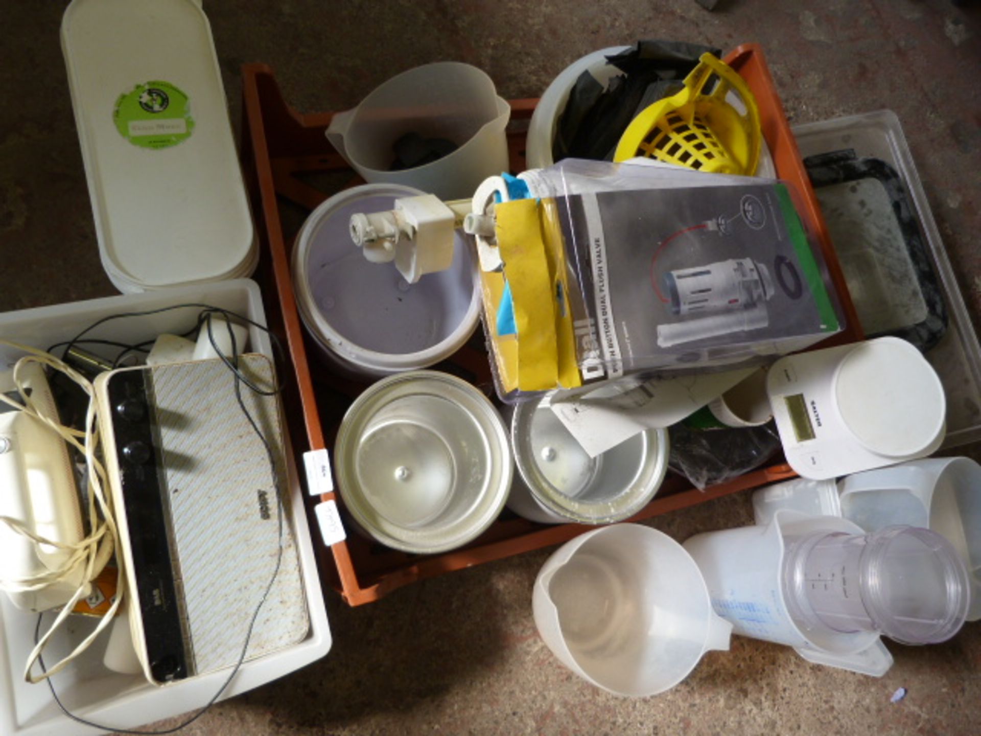 *Box Containing Salter Scales, Jugs, Storage Conta