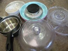 Glass Cake Stand, Saucepans, SCales, etc.