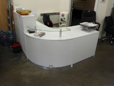 *L-Shape Reception Unit with Glass Shelf, Shelf Over and Standalone Silver Drawer Pedestal
