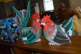 Two Carved Wood Chickens