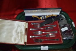 Tray Lot Containing Fish Knife, Watch, Cigarette C