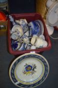 Box of Blue & White Pottery and a Large Dish, etc.