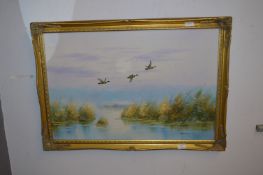 Oil on Board by Haimbray - Flying Ducks
