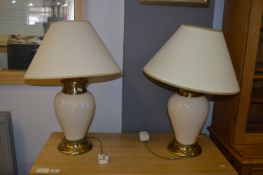 Pair of Cream Pottery and Brass Table Lamps