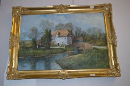 Gilt Framed Oil on Canvas - Riverside Scene Signed