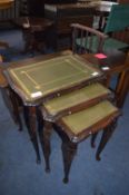 Nest of Three Carved Table with Green Leather Inla