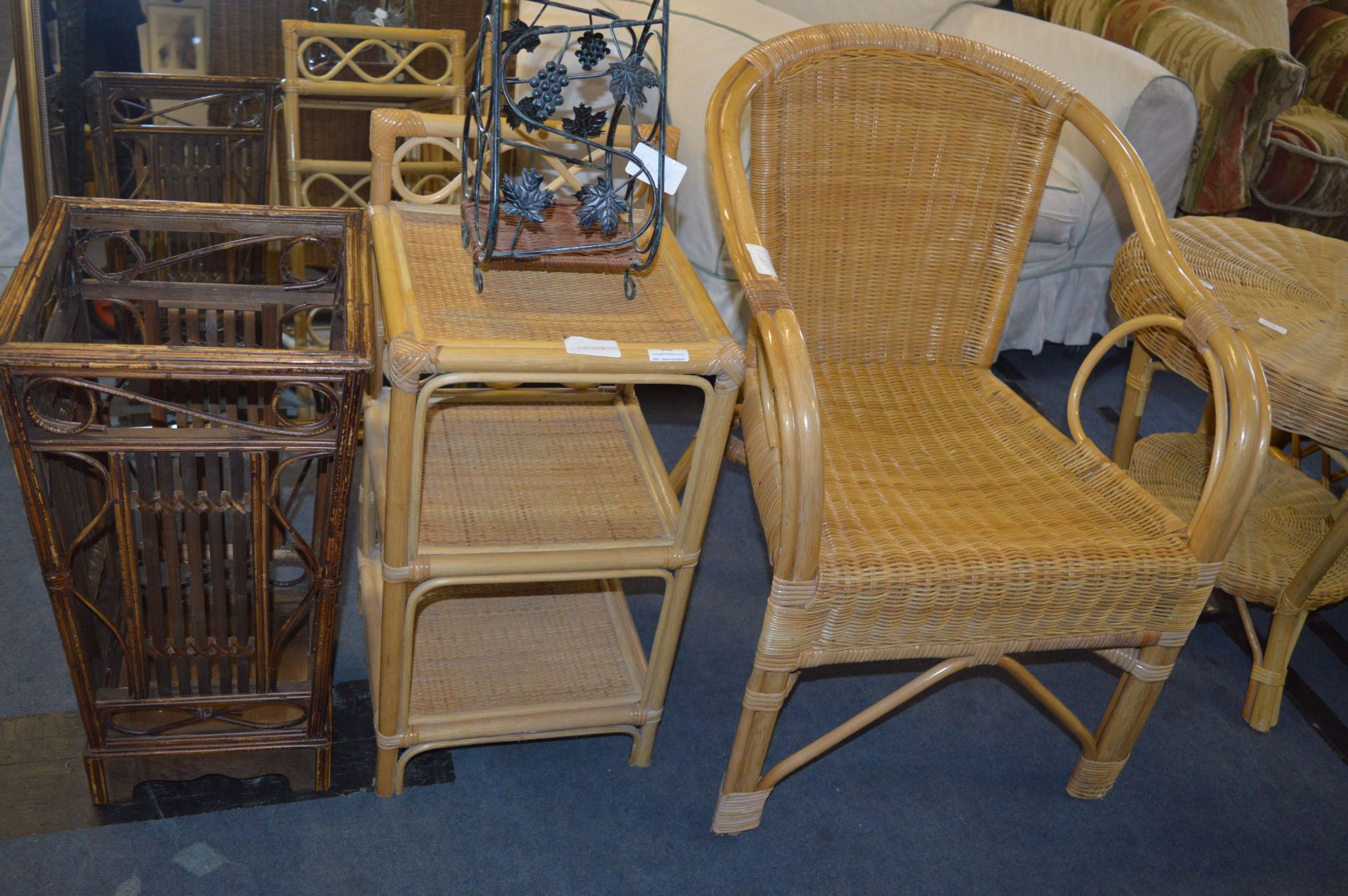 Wicker Armchair, Small Shelves, Basket, and a Smal