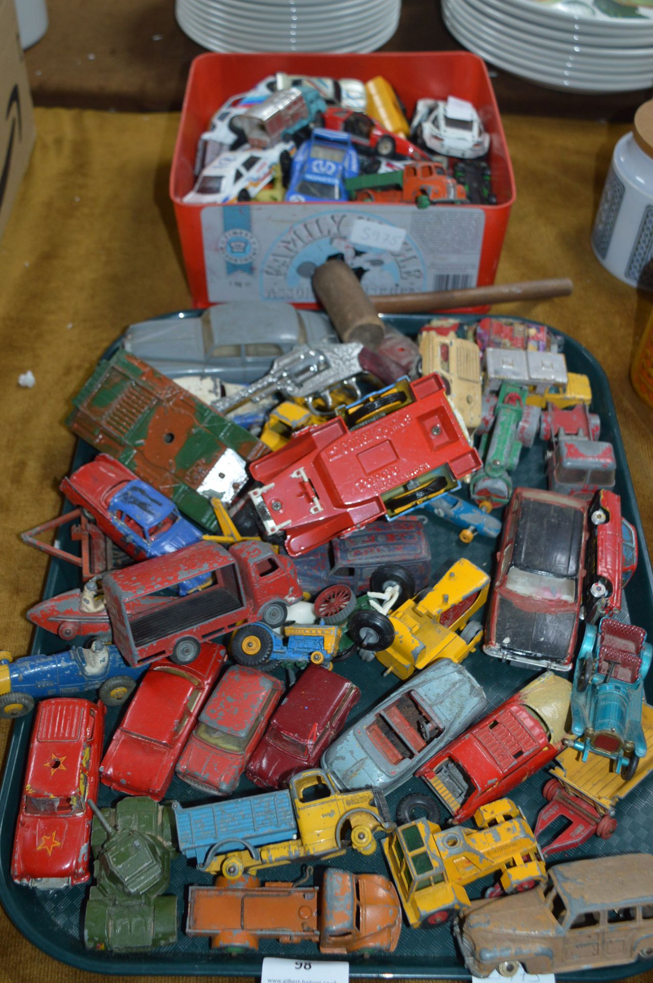 Tray Lot of Play Worn Dinky Toys and a Plastic Box