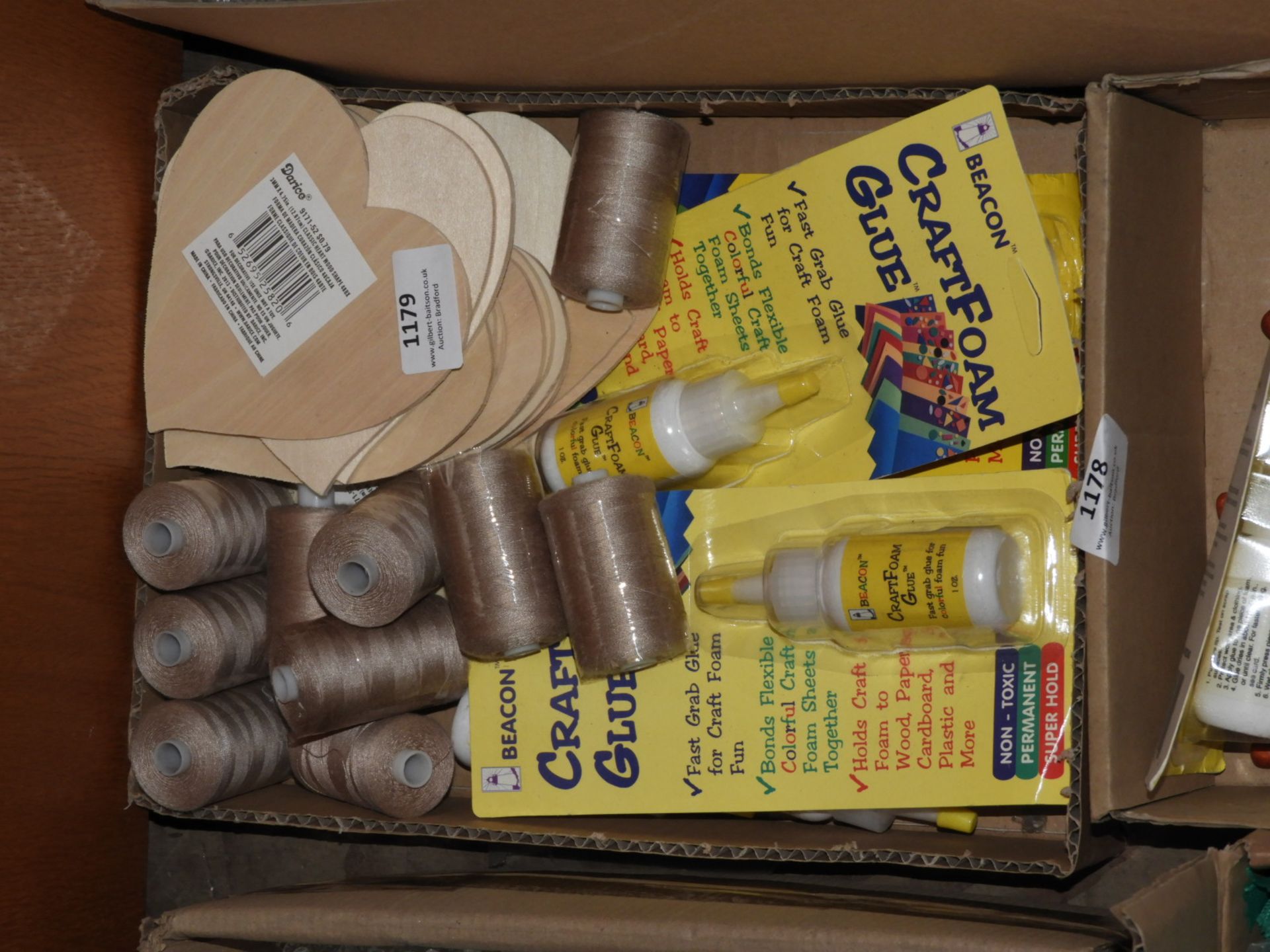 Box of Assorted Craft Items Including Wood Hearts,