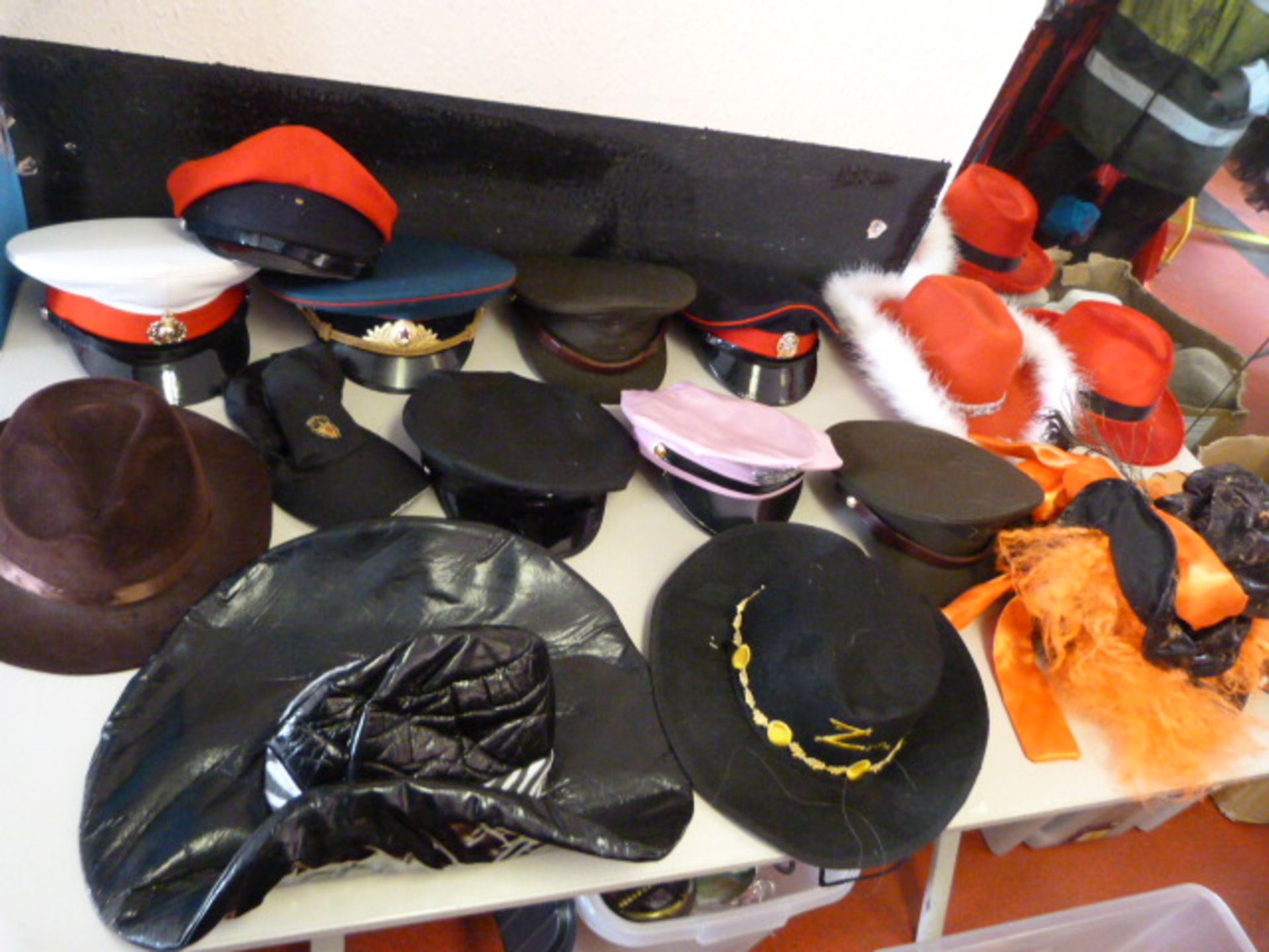 *Large Box of Hats Including Military, Cowboy, Zor