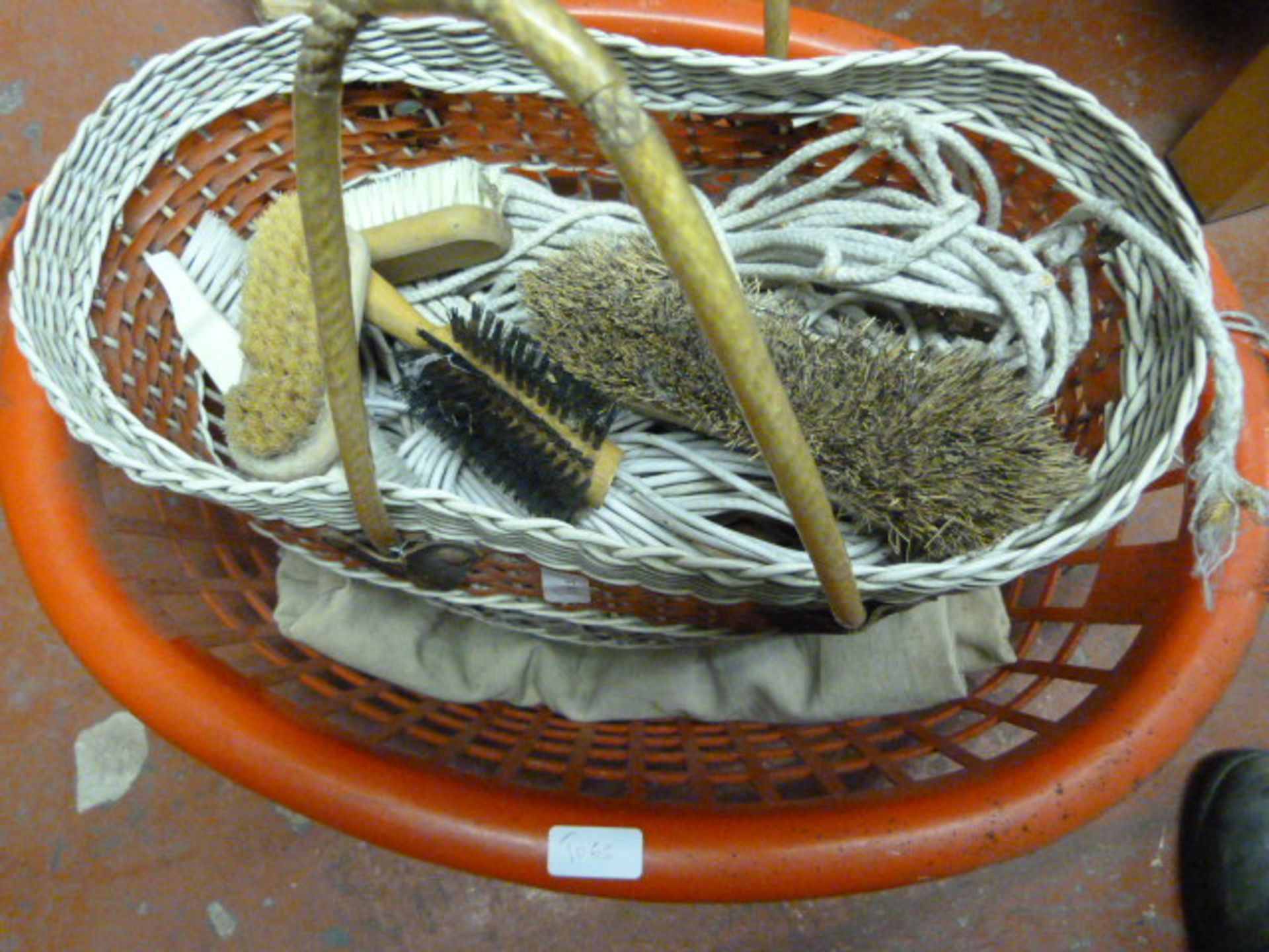 Basket of Clothes Pegs, Clothesline, Brushes, etc.