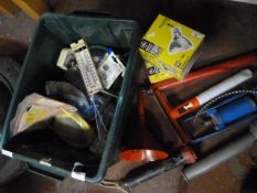 Box of Tools Including Foot Pump, Torches, Flood L