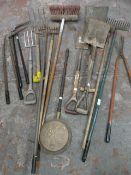Quantity of Garden Tools and a Brass Warming Pan