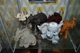 Six Assorted Elephants Including Piggy Bank, etc.