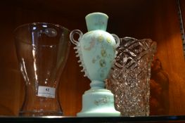 Three Glass Items Including Cut Glass Vase, Green