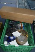 Box of Assorted Items Including Glassware, Binocul
