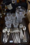 Tray Lot of Glass Ware, Lemonade Set and Plated Cu