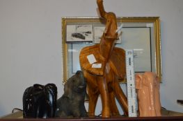 Four Assorted Elephants Including Large Wooden Ele