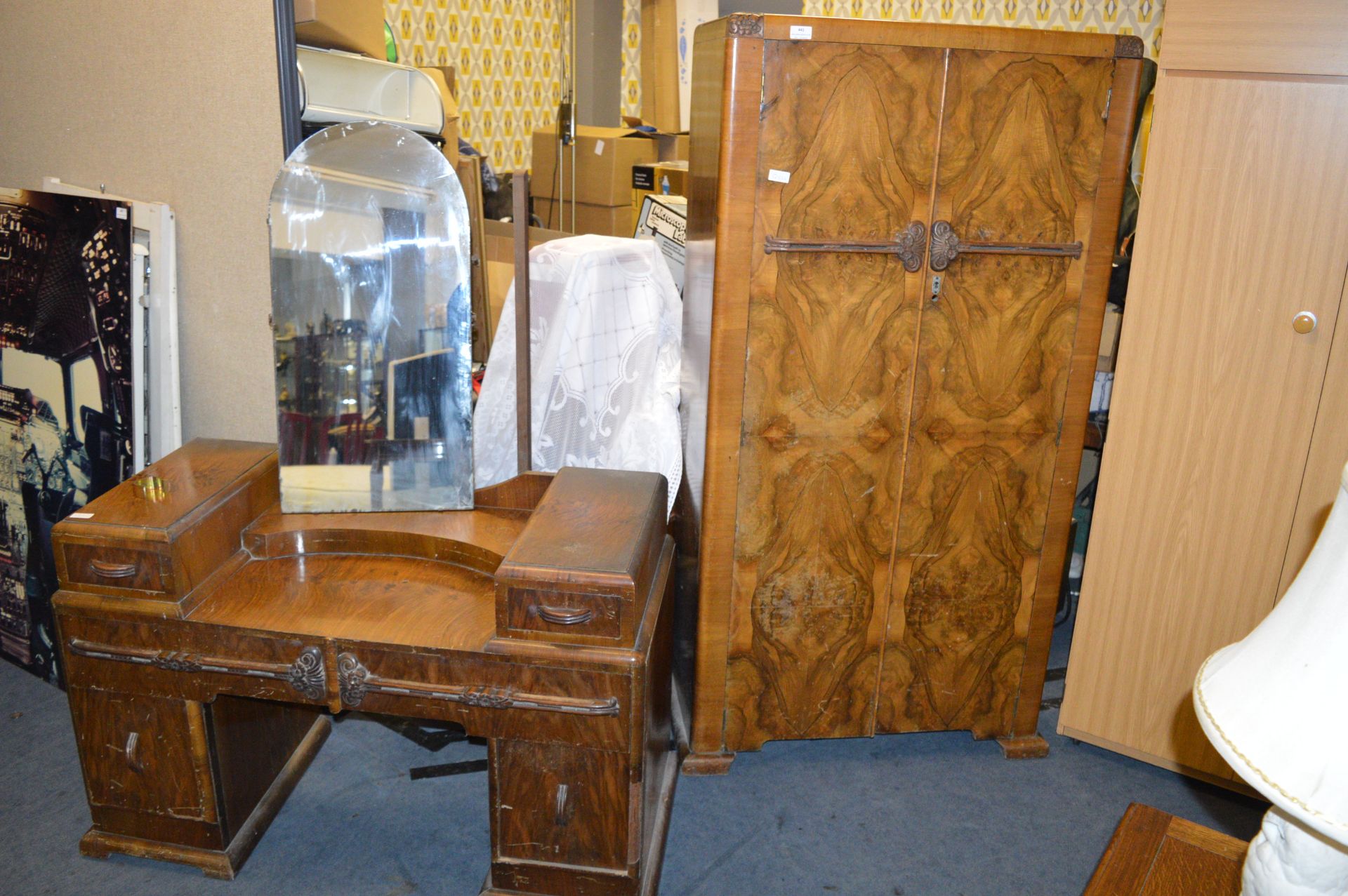 1930's Walnut Wardrobe and Matching Dressing Table