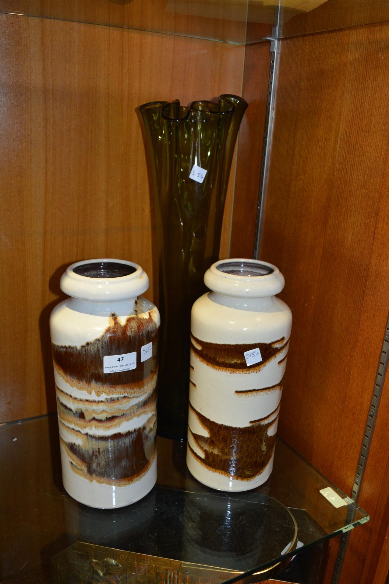 Pair of West German Vases and a Green Glass Vase