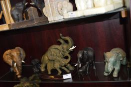 Five Assorted Elephants Including Carved Wood, etc