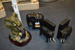 Three Assorted Elephants Including Pair of Bookend