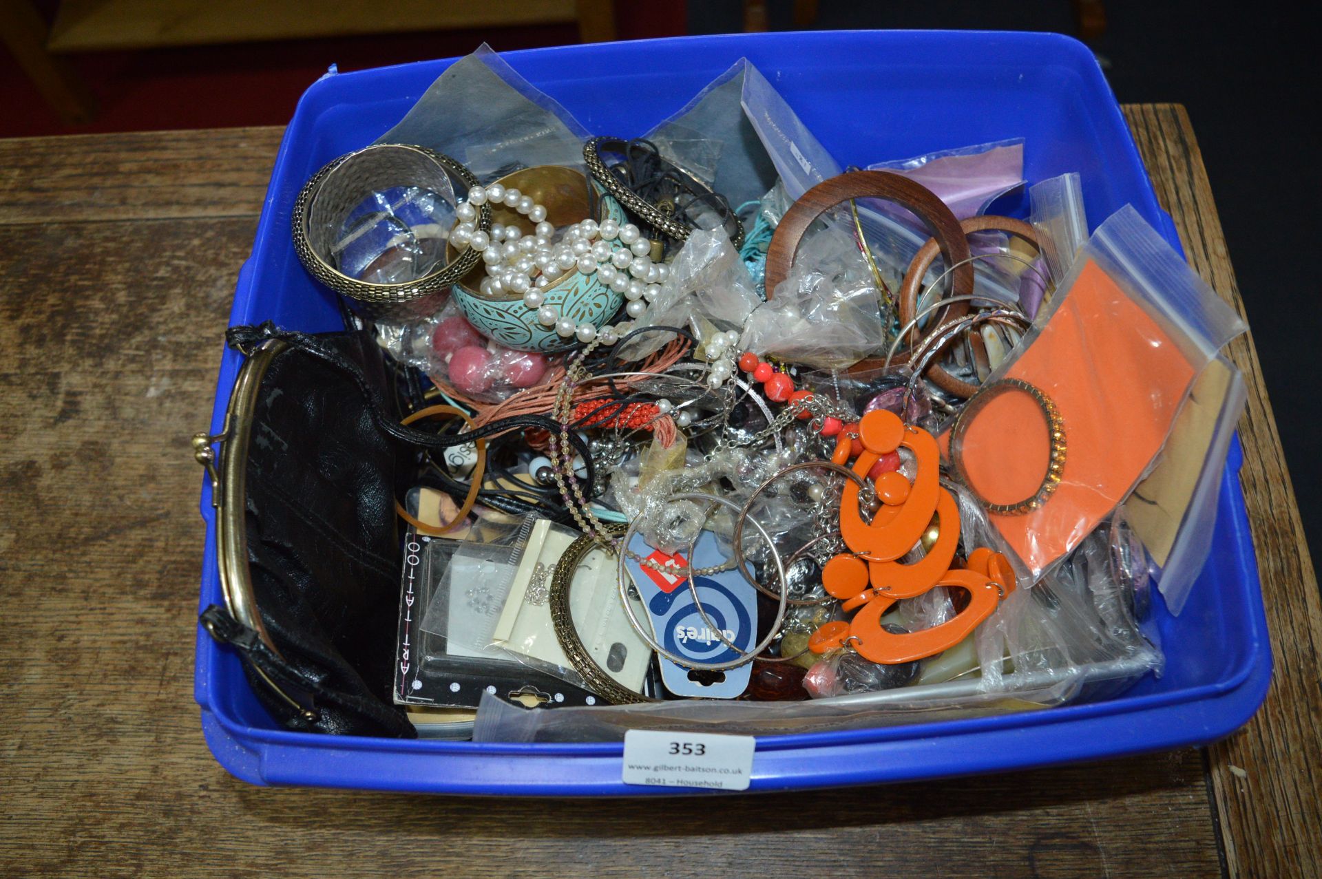 Tub Containing Costume Jewelry, Bangles, Handbags,