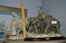 Two Elephant Sculptures (One Wooden Elephant Rolli