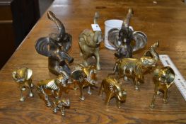 Nine Assorted Brass Elephants