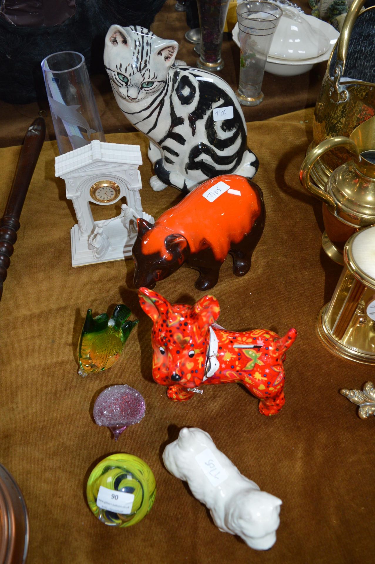 Collection of Pottery Cats, Scottie Dogs, and Glas