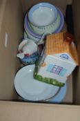 Box Containing Pottery Items; Biscuit Barrel, Plat