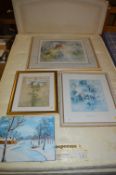 Three Framed Floral Prints and a Collection of Oil